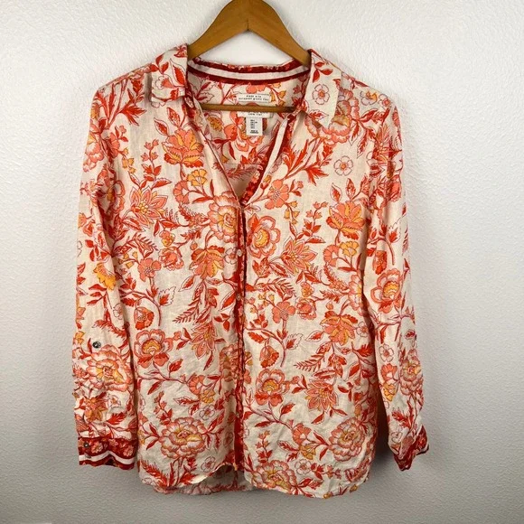 Rachel Zoe Linen Flax Button Up Top Size Large Summer Spring Lightweight Floral - Picture 1 of 6
